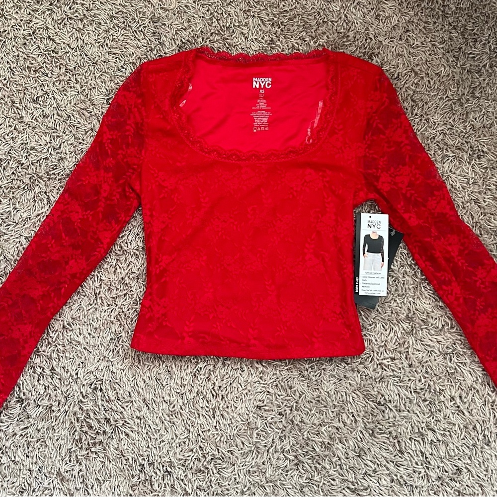 Madden NYC Women's Lace Scoop Neck Tops (2) With Sheer Long Sleeves Size: XS - Picture 6 of 7
